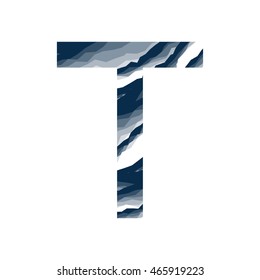The letter T, in the alphabet abstract background marble, bark, mountain, stone layer  set dark blue shade color isolated on white background