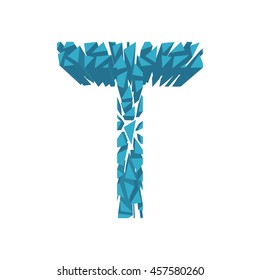 The letter T, in the alphabet broken 3d perspective set blue color isolated on white background