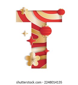 Letter T Alphabet Font Chinese New Year Concept Character Font Letter Abstract Paper Flower Lantern Lunar Festival Element Sparkle Gradient Red Gold 3D Paper Layer Cutout Card Vector Illustration