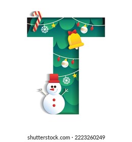 Letter T Alphabet Font Cute Merry Christmas Concept Bell Candy Cane Snowman Christmas Tree Character Font Christmas Element Cartoon Green 3D Paper Layer Cutout Card Vector Illustration