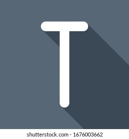 Letter T of alphabet, isolated outline symbol. White flat icon with long shadow on blue background
