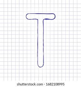 Letter T of alphabet, isolated outline symbol. Hand drawn picture on paper sheet. Blue ink, outline sketch style. Doodle on checkered background