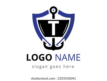 letter T with Anchor Logo Design Template. Marine, Sailing Boat Logo