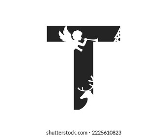 letter t and angel  deer   christmas tree  alphabet element for Christmas   New Year design  isolated vector image in simple style