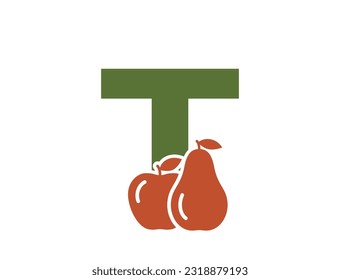 letter t with apple and pear. creative fruit and organic food alphabet logo. gardening and harvest design. isolated vector color image