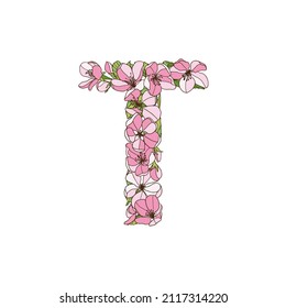 Letter T of apple tree flowers. Vector alphabet