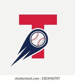 Concepto de logotipo de béisbol carta T con plantilla de vectores de iconos de béisbol en movimiento