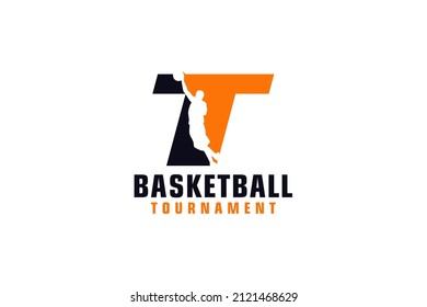 Letter T with Basketball Logo Design. Vector Design Template Elements for Sport Team or Corporate.