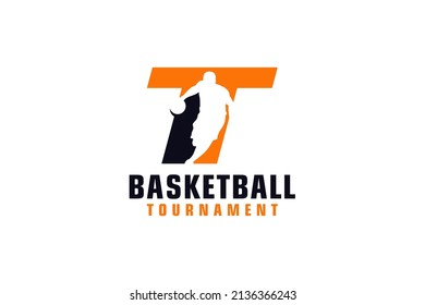 Letter T with Basketball Logo Design. Vector Design Template Elements for Sport Team or Corporate.