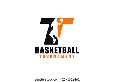 Letter T with Basketball Logo Design. Vector Design Template Elements for Sport Team or Corporate.