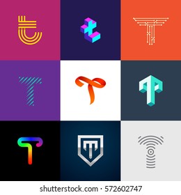 Letter "T" big logo pack. Creative vector monograms. Striped, ribbon, colorful, isometric, linear, 3d logos.Eps10 format.