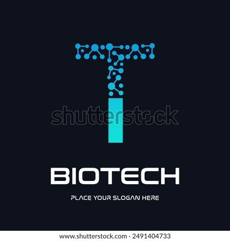Letter T biotechnology vector logo template. This logo use molecule symbol. Suitable for biology and chemistry.