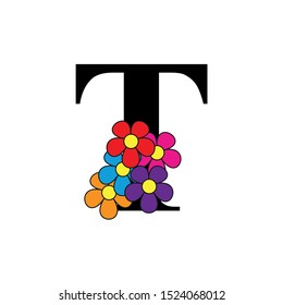 letter T. Black flower alphabet.  Beautiful capital letters.