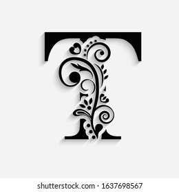 letter T. Black flower alphabet.  Beautiful capital letters with shadow