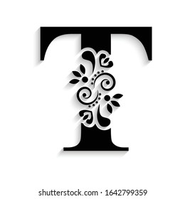 letter T. Black flower alphabet.  Beautiful capital letter with shadow