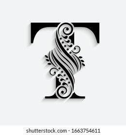 letter T. Black flower alphabet.  Beautiful capital letter with shadow