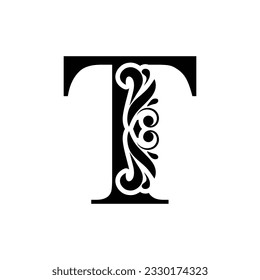 letter T. Black flower alphabet.  Beautiful capital letters.
