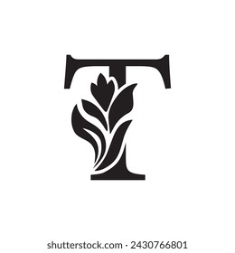 letter T. Black flower alphabet.  Beautiful capital letters with shadow