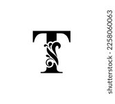 letter T black . flower  letters. Vintage ornament initial Alphabet. Logo vector 
