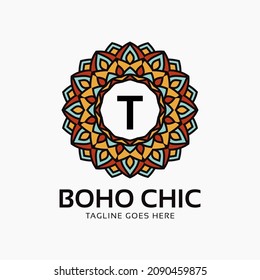 letter T boho chic round decoration vintage color mandala vector logo design element