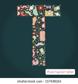 The letter T. Bright hipster element of colorful alphabet made! Hipster ABC element in vector. Vector hipster glasses, camera, a tie, the player, hat, mustache, pipe.
