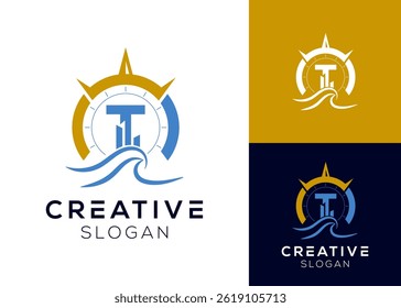 Letter T with building, waves and compass logo design