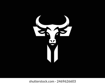 Letter T with Bull Head Vector Icon Logo Template