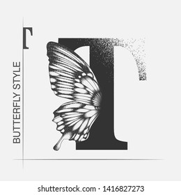 Letter T with butterfly silhouette. Monarch wing butterfly logo template isolated on white background. Calligraphic hand drawn lettering design. Alphabet concept. Monogram vector illustration. EPS 10