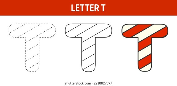 Letter T Candy Cane, tracing and coloring worksheet for kids