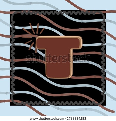 LETTER T character artwork in coffee iced mocha tones with rgb shifted lettering and woven fold ribbon texture pattern