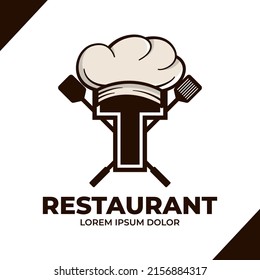 Letter T Chef hat logo design illustration, Restaurant cafe logo icon isolated on white background