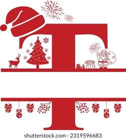 Letter T, T Christmas Monogram, Letter T Silhouette with Christmas symbols, Christmas logo, Christmas Design for Print, Screen Print T-Shirt