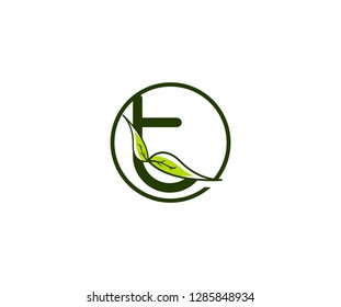 Letter T Circle Stylish Monogram Minimalism Green Leaf Logo Design Illustration