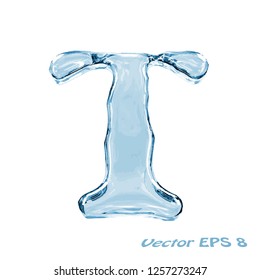 Letter T from clear transparent bluish water droplets. Isolated on white background. Vector EPS 8.