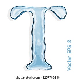 Letter T from clear transparent bluish water droplets. Vector EPS 8.