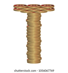 Letter T of coins. Golden letters.Vector font style made of enormous amount of bitcoins. letter on white background. 