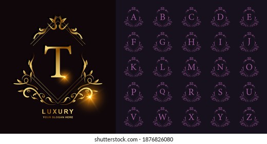 Letter T or collection initial alphabet with luxury ornament floral frame golden logo template.