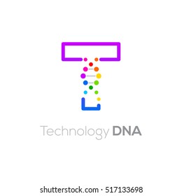 Letter T colorful with abstract biotechnology dna logotype. Medicine, science, laboratory,Technology DNA vector concept