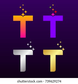 Letter T Colorful and Gold Silver with Sparkles light effect stars logotype, Beautiful Luxury, Fashion, Jewelry, Beauty Salon, Cosmetics, Spa, Resort, Magic Logo for your Corporate identity