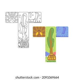 Letter T Coloring Book Line Children Alphabet. Vector Illustration of Outline ABC Objects.