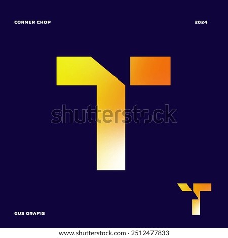 Letter T corner chop or corner cut, font, lettering, typography with sharp edges, bold, masculine, and futuristic style. Perfect for logos, display, design elements etc.