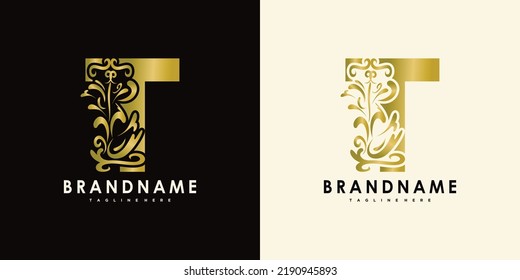 letter t with creative icon flowers gold