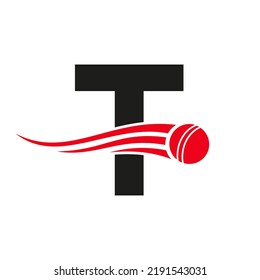 Letter T Cricket Logo Concept With Ball Icon For Cricket Club Symbol Vector Template. Cricketer Sign