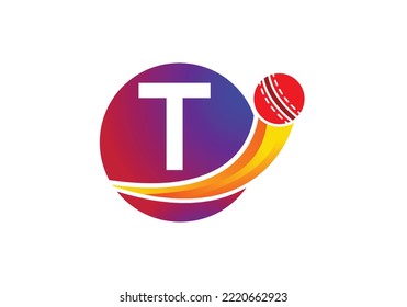 El Concepto Del Logo De La Carta T De Cricket Con El Icono De La Pelota De Cricket. Diseño de plantilla vectorial de tipo de logotipo para deportes de cricket.