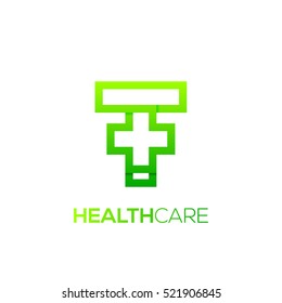 Letter T cross plus logo Green color,Medical healthcare hospital Logotype