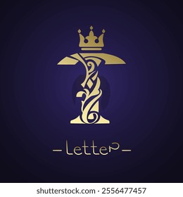 Letter T with crown and intricate floral elements. Artistic creativity logo design. Graceful gold royal style against a deep dark background. Perfect for branding, business card. Vector illustration