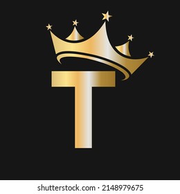 Letter T Crown Logo. Crown Logo on Letter T Vector Template for Beauty, Fashion, Star, Elegant, Luxury Sign