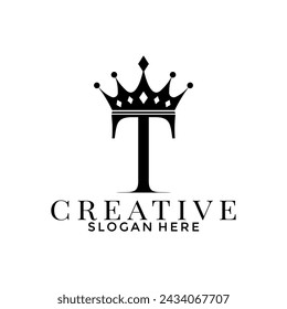 Letra T con logotipo de la corona, plantilla de diseño de logotipo inicial simple elegante