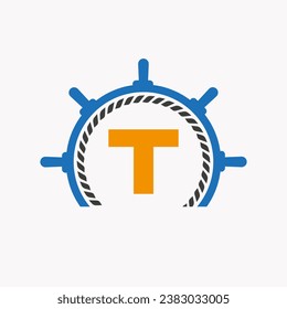 Letter T Cruise Steering Logo. Yacht Symbol, Ship Logotype, Marine Sign Template