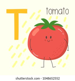 Letter T with cute cartoon tomato. Vector alphabet.